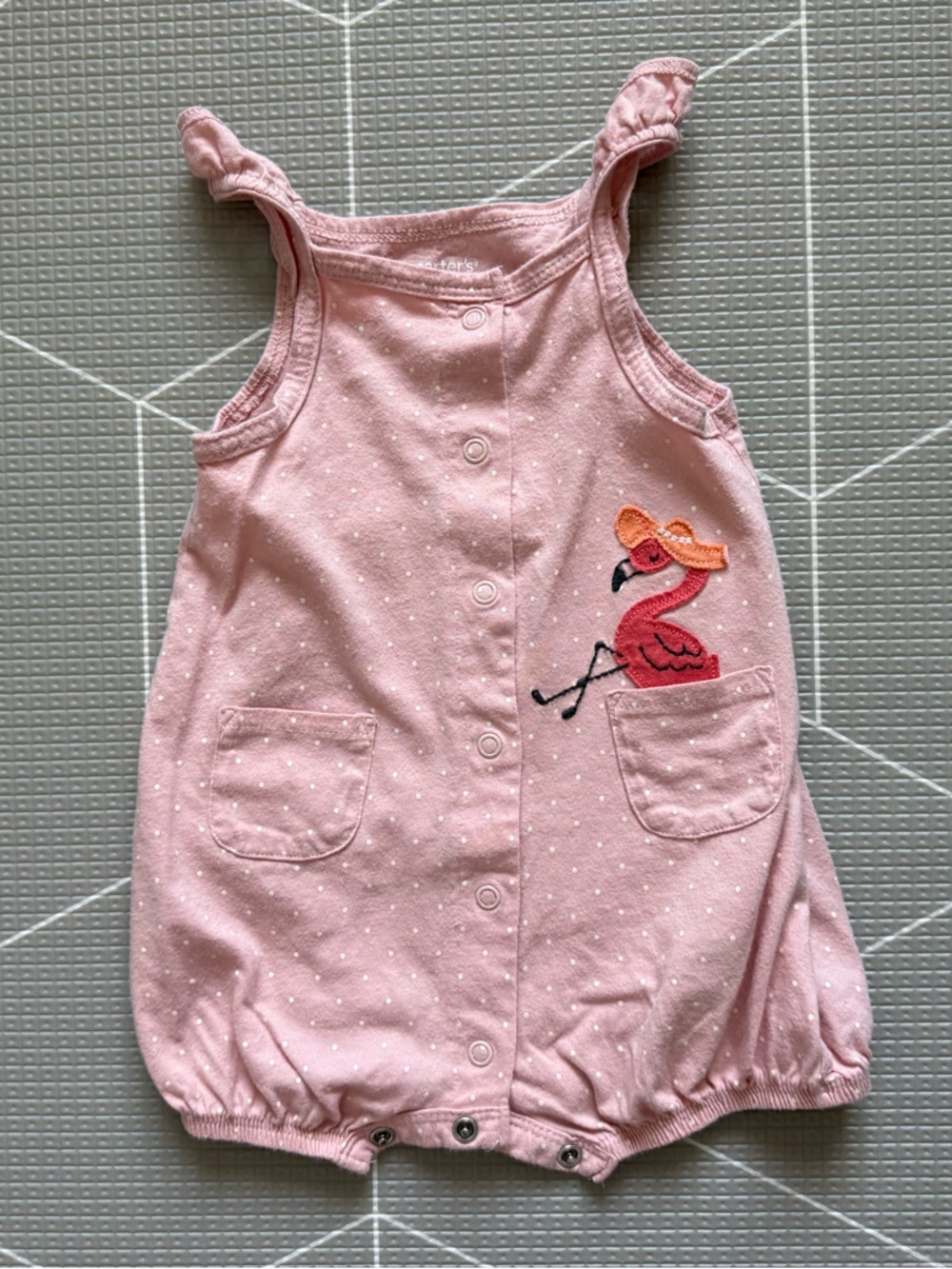 Carters|Baby girl summer bubble romper,Pink Flamingo embroidery onesie,6M•boho